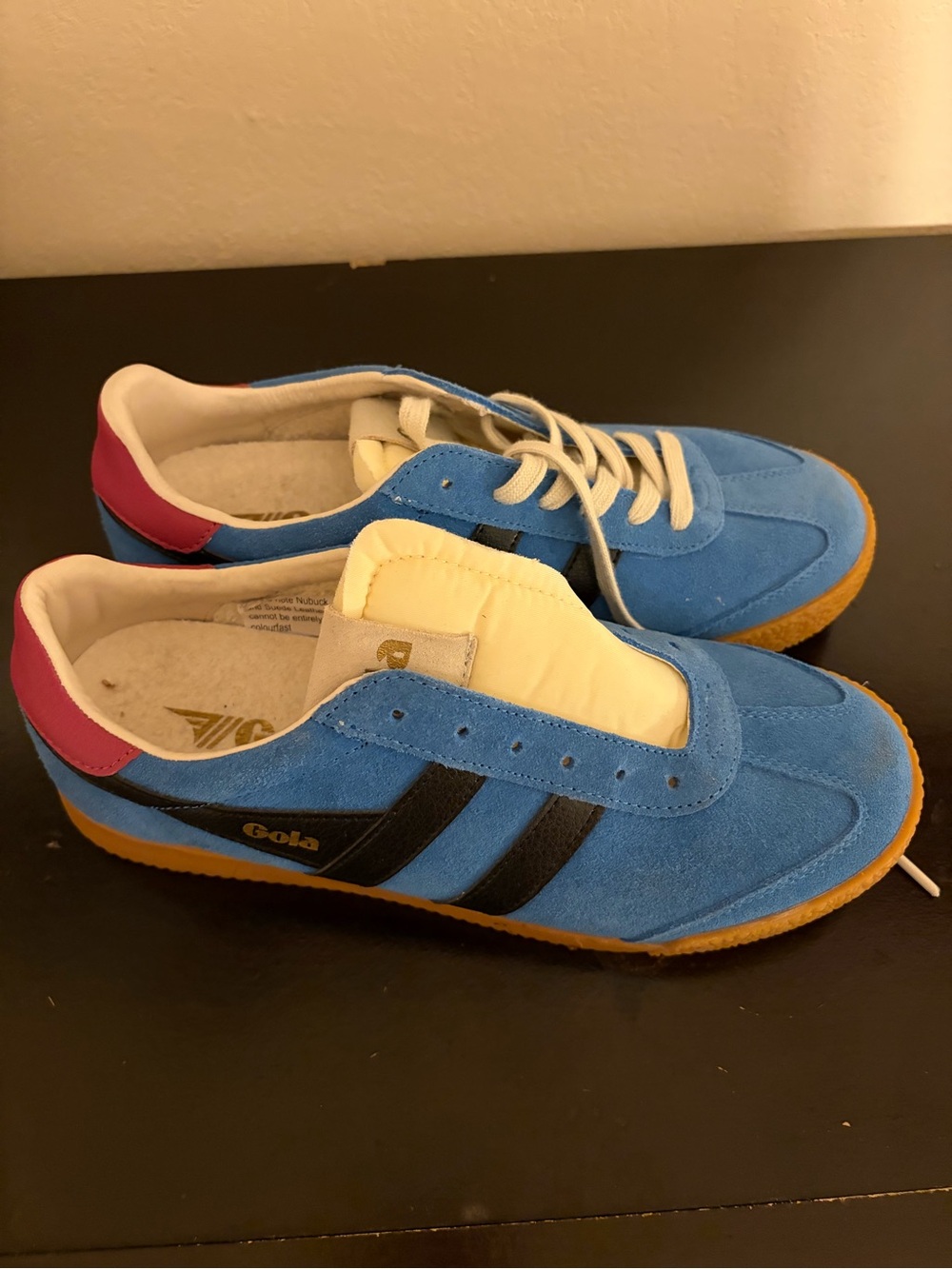 Gola Blue Suede Sneakers with Black Stripes and Pink Heel
